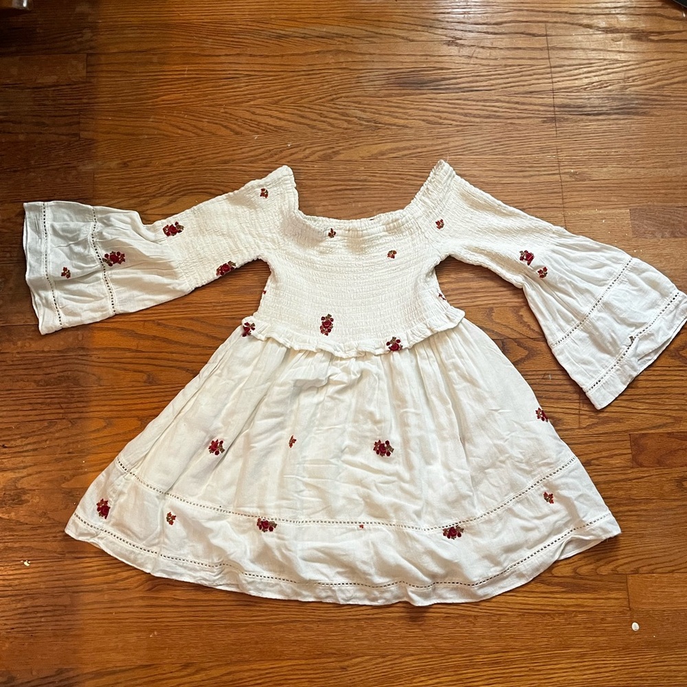 Chic Off-Shoulder White Dress with Red Floral Accents